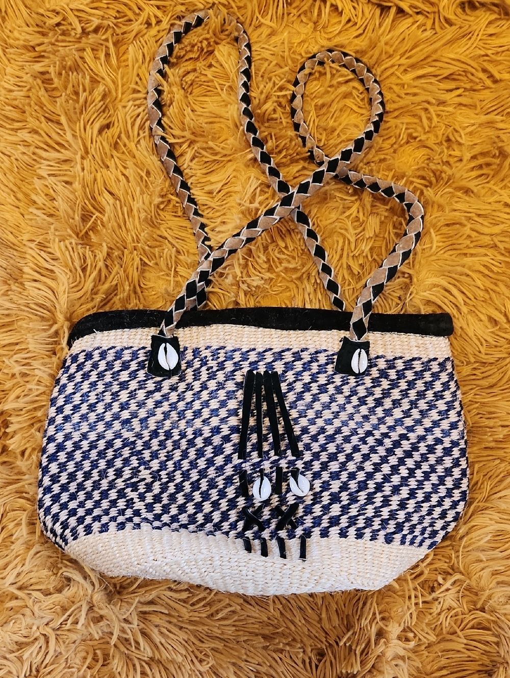 Woven Navy and Natural Straw Tote Bag with Shell Accents